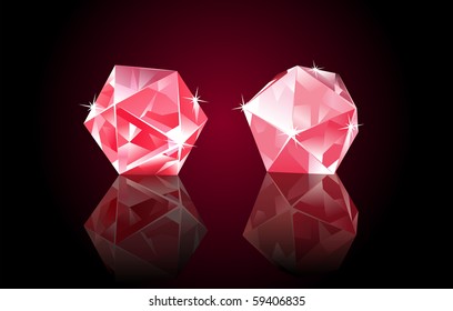 Two red rubin diamonds with shines, lying on black "glass" background