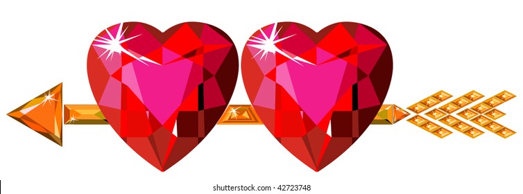 Two red ruby hearts struck by Cupid arrow