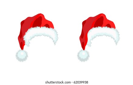 Two red Santa Claus Hat. Vector illustration isolated on white background.