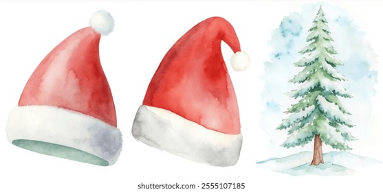 Two red santa hats and a tree. The hats are red and white and the tree is green