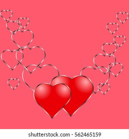 Two red shining hearts and row of metal hearts on pink background. Vector Illustration for Valentine's day.