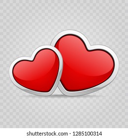 Two red shiny hearts shapes Isolated on transparent background. Easy replace backdrop. Vector Design element.