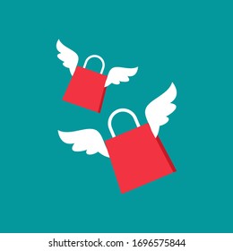 two red shopping paper bag with wings. flat icon isolated on blue. Fast delivery vector illustration. online internet shopping. Sale, order, buy. Holiday sales, discount.