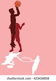 Two red silhouettes of men playing basketball with orange ball on pink background, jumping for shot, Basketball hoop vector silhouette illustration, concept of hope