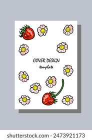 Two red small strawberry and strawberry flowers. Brochure cover, postcards and background design template. Vector illustration on white background.