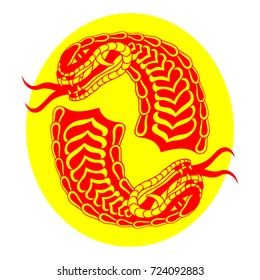 Two red snake's heads in yellow ellipse.