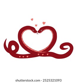 Two red snakes intertwined in shape of heart. Valentines Day. On white background. Colorful vector isolated illustration hand drawn doodle. Symbol of the new 2025 year. Love concept