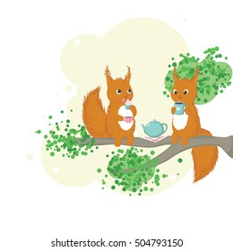Two red squirrels sitting on a branch, drinking tea from cups, eating cream cakes with berries, with kettle standing between them, single composition. Vector illustration.