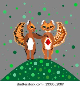Two red squirrels stand on a green hill. One squirrel gives another a red cone. Green balls fly around.