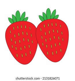 dos fresas rojas, fondo blanco. Ilustración gráfica vectorial. Impresiones de cafés vegetarianos, afiches, tarjetas. Postre natural orgánico, bayas dulces y frescas