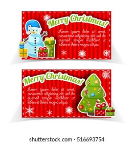 Two red stripe bright banner set with congratulations and christmas colored elements vector illustration