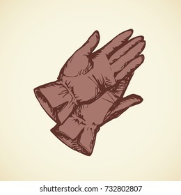 Two red suede gauntlet mitts isolated on white backdrop. Freehand outline brown ink drawn picture sketchy in art scribble retro style. Closeup view