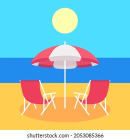 Two red summer beach chair and red beach umbrella. Vector illustration.