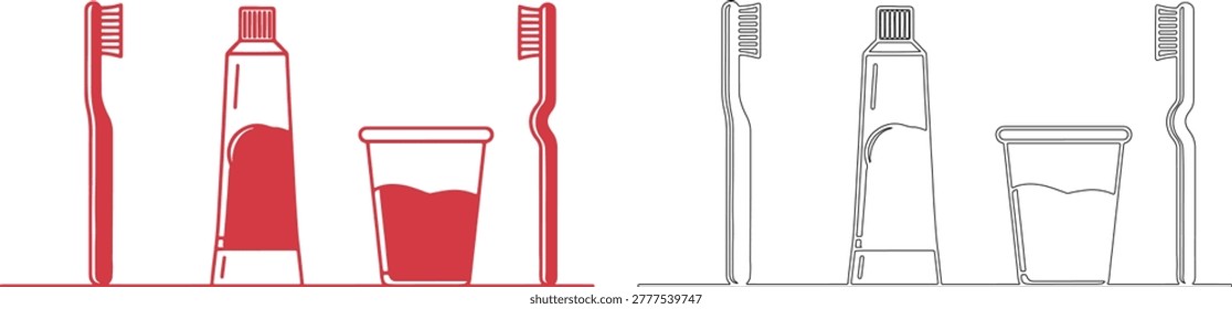 Two red toothbrushes toothpaste tube and cup hygiene