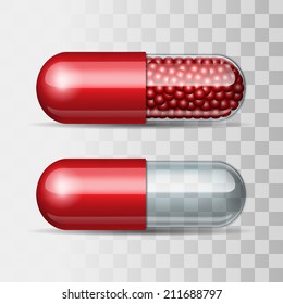 Two Red and transparent pills - empty and with granules. Vector illustration