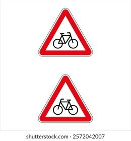 Two red triangle road signs warning of bicycle crossing are isolated on white background.