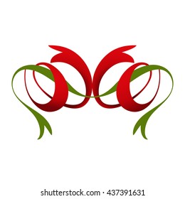Two red twisted ribbon with shadows and a green ribbon flat