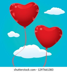 Two red valentine balloons floating on blue sky background
