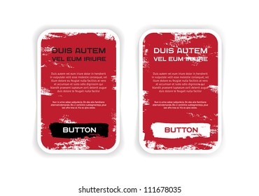 Two red vector grungy rectangular paper stickers / banners / badges / labels with hand painted / cracked paint worn out  backgrounds