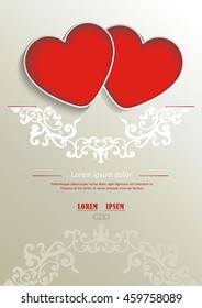Two red vector hearts for Valentines Day. Beautiful postcard, eps8