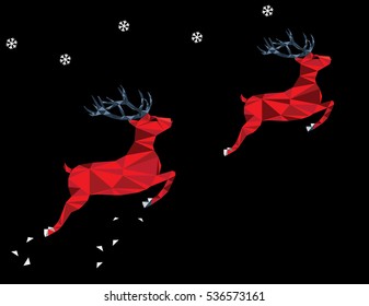 Two red vector polygonal deers flying on black back