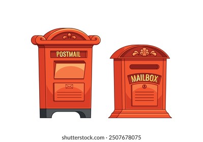 Two Red Vintage British Mailboxes With Ornate Designs, Labeled Postmail And Mailbox, Representing Classic Postal Service