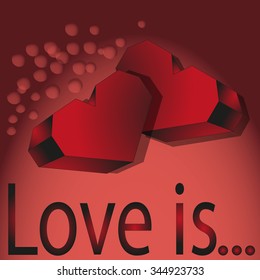 Two red volume hearts on the red background