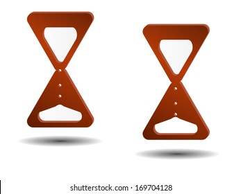 Two red volume icons of almost full and almost empty hourglasses with shadows. Vector illustration
