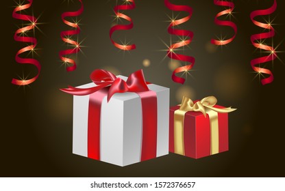 Two red and white gift boxes stand side by side. Tied with red and gold ribbons. Beautiful shiny red ribbons hang from above. Dark background. Use for banner, poster, landing. Vector illustration
