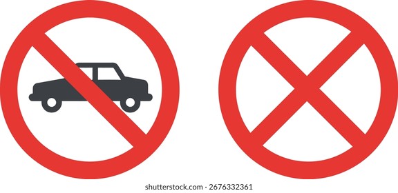 Duas placas de estacionamento vermelhas e brancas. Um com um carro e outro com um X. Isolado no branco.