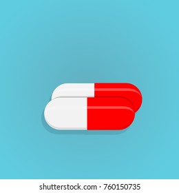 Two red and white pills illustration. Medical icons