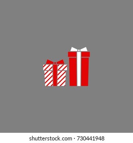 two red and white present box with red ribbon. simple icon isolated on grey background. present sign. flat vector Illustration. Good for web and mobile design. holiday Christmas shopping