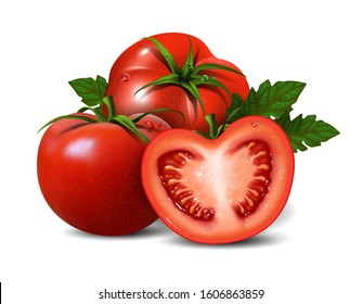 Two red whole tomatoes and one half tomato. Highly realistic illustration.