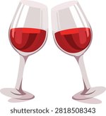 Two red wine glasses clinking together in a toast vector illustration isolated on a white background, concept for celebration, party, dating, or anniversary.