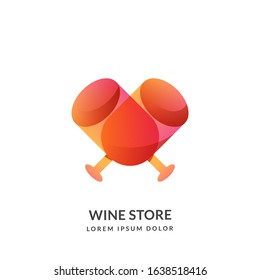 Two red wine glasses make abstract heart shape. Wine store vector logo sign or emblem design template, isolated on white background. Winery or bar concept