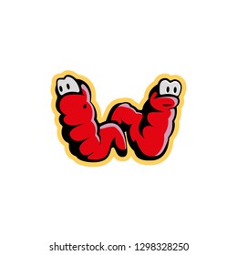 Two red worms characters look like the letter W. Worm logo template for live food or fish bait.