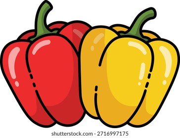 Dos pimientos rojos y amarillos con subgrupos verdes sobre un fondo blanco pimiento rojo pimiento amarillo