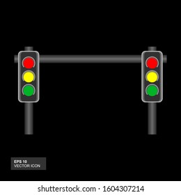 Two red, yellow and green traffic light signals on metal poles. Vector illustration of an isolated with black background