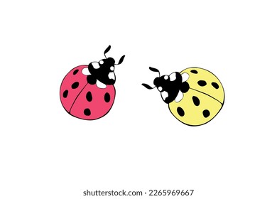 Two red and yellow ladybugs in flat doodle style. Cute insects. Top view. Vector bright cliparts, simple illustration on theme of nature, garden, kids design