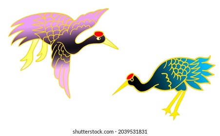 Two Red-crowned crane in cartoon style with color gradation, isolated on white background. Japan symbol stock vector