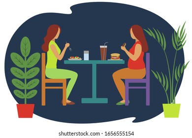 Two red-haired girls have lunch at the table, one eats salad, another eats fast food. Motivation for losing weight before and after flat vector illustration. 