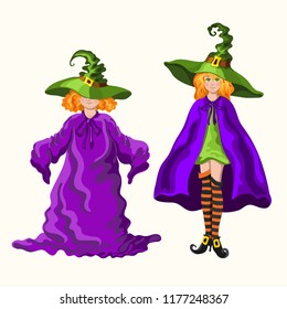 Two redhead cartoon style young witches in the magic hats isolated on the white background