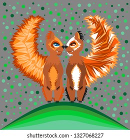 Two redhead squirrels in love kiss.