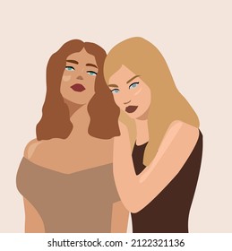 Dos mujeres pelirrojas y mujeres rubias sostienen a Radom. Muchachas fuertes y valientes se apoyan mutuamente. Hermandad y amistad femenina. Ilustración vectorial. Adecuado para una postal en el Día Internacional de la Mujer