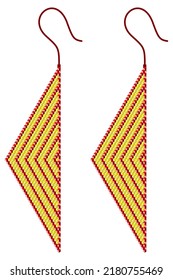 Two red-yellow earrings in the shape of an isosceles triangle made of 3D cubes