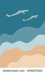 Two reef sharks swimming near sea shore on abstract seascape background, sand, water vector illustration