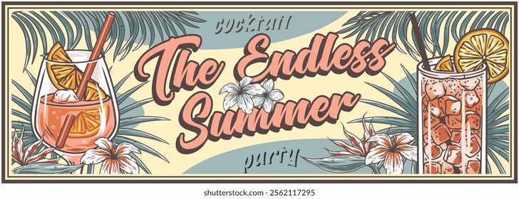 Two refreshing aperol spritz cocktails with ice, orange and lemon slices are framed by exotic flowers and palm leaves in this vintage illustration advertising an endless summer party