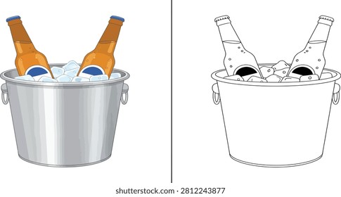 Two refreshing beer bottles chill in a metal ice bucket ready for a party or celebration