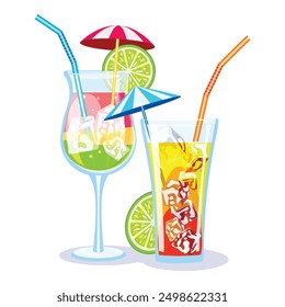 Two refreshing cocktails with straws, lime slices and cocktail umbrellas are waiting to be enjoyed