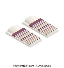 Two refugees beds with striped linen isometric icon isolated vector illustration